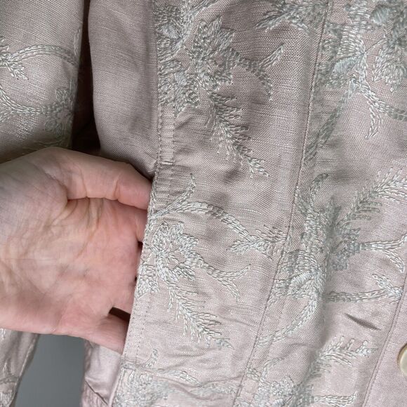 Chico's Linen Pearlized Embroidered Pink Blush Full Button Jacket Size 1 - Picture 7 of 11